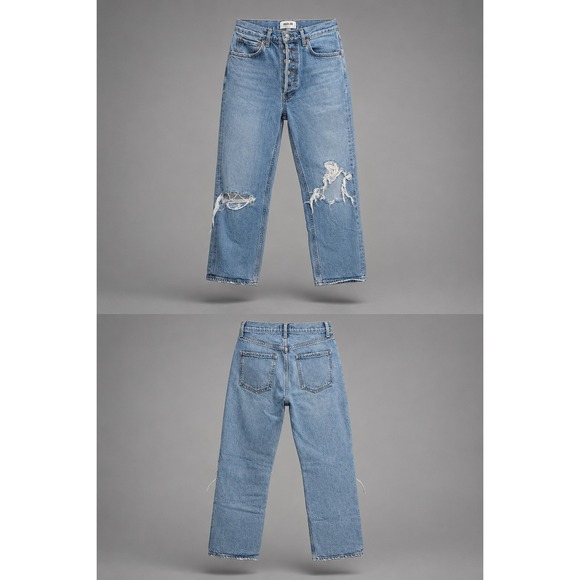 Agolde Denim - AGOLDE 90s Distressed High Rise Straight Leg Jeans 24 Button Fly Ripped Knee